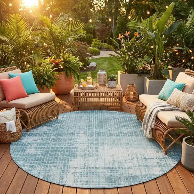 8' Teal Blue And Silver Round Abstract Washable Indoor Outdoor Area Rug Homeroots Outdoor