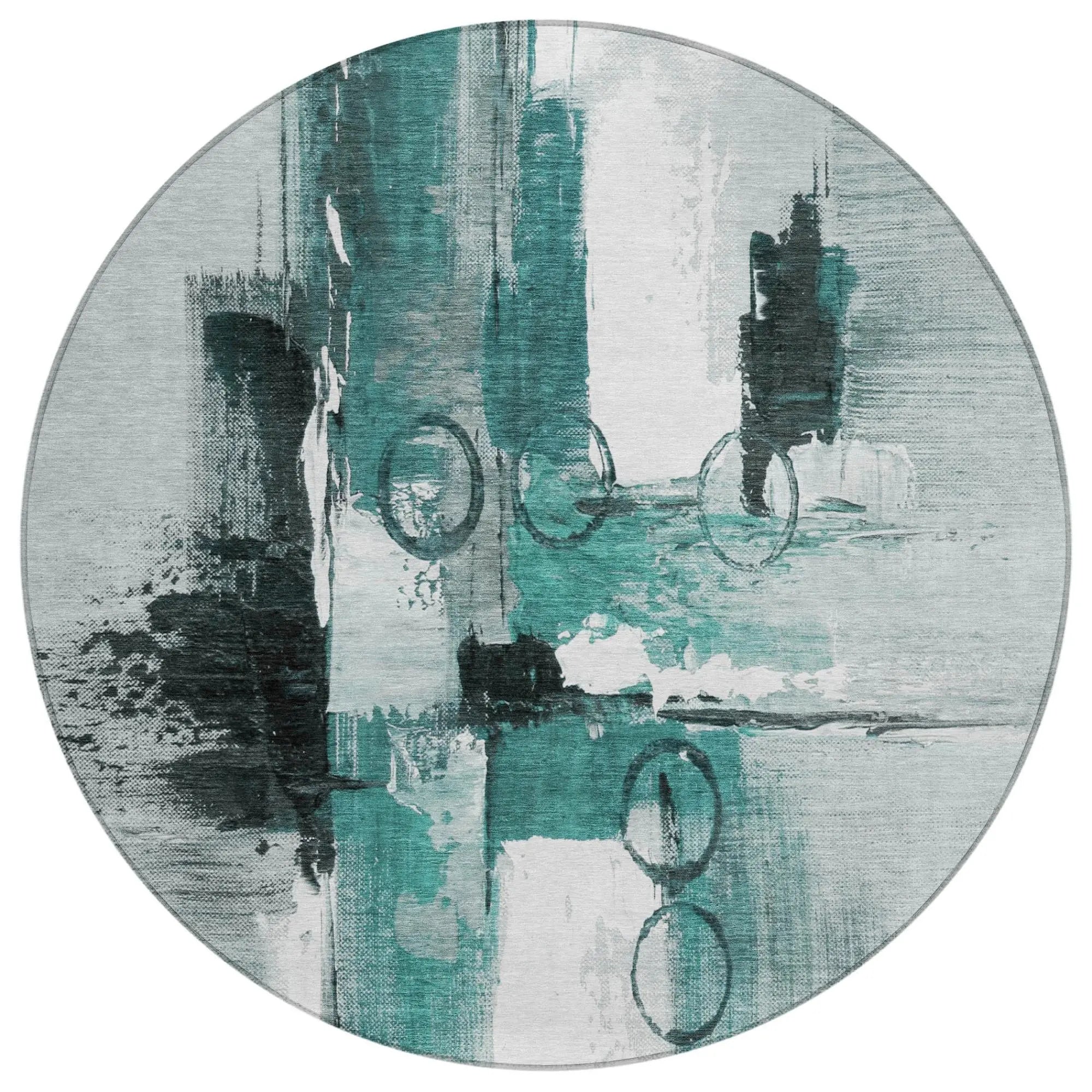 8' Teal Blue And Silver Round Abstract Washable Indoor Outdoor Area Rug Homeroots Outdoor