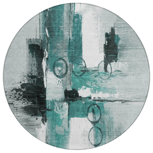 8' Teal Blue And Silver Round Abstract Washable Indoor Outdoor Area Rug Homeroots Outdoor