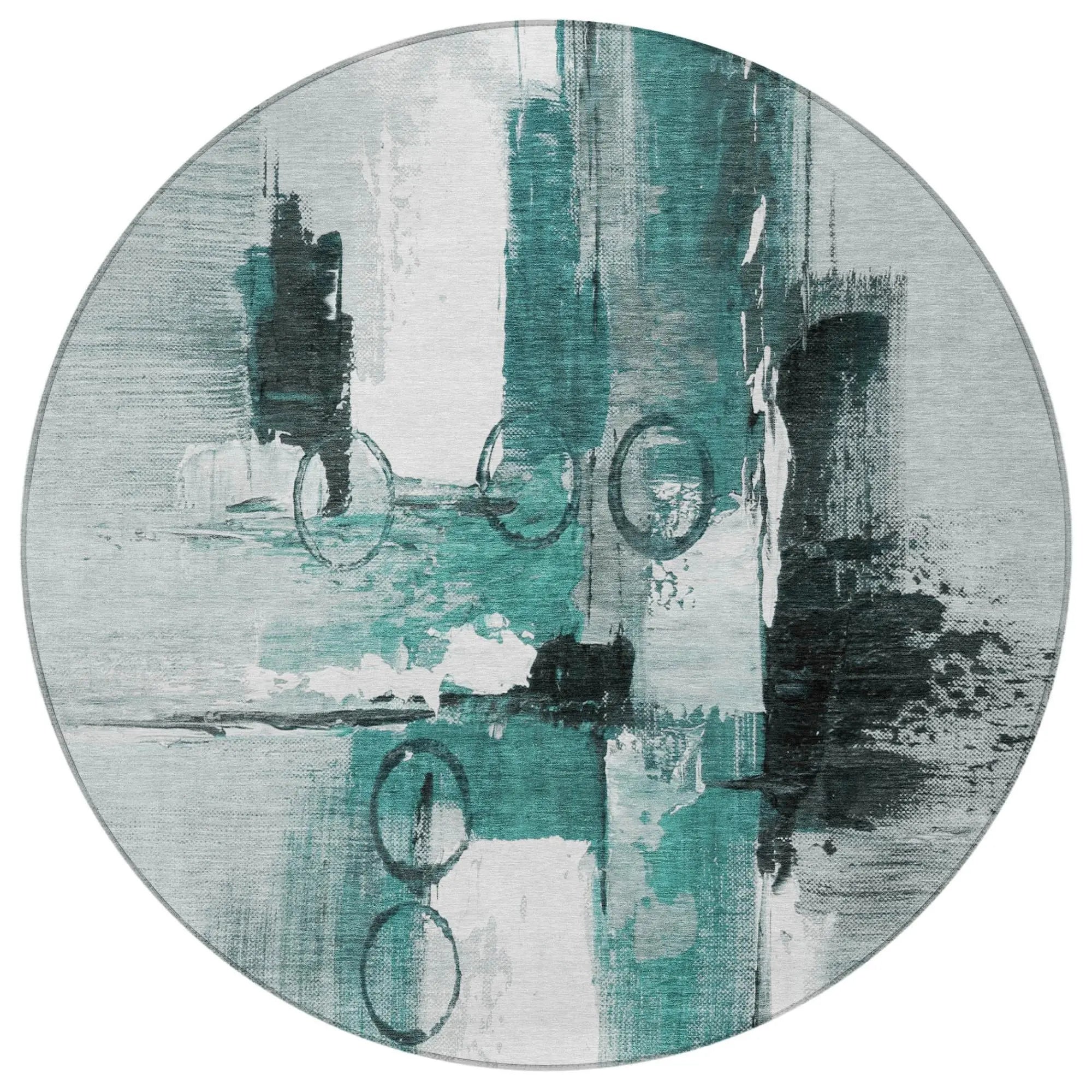8' Teal Blue And Silver Round Abstract Washable Indoor Outdoor Area Rug Homeroots Outdoor