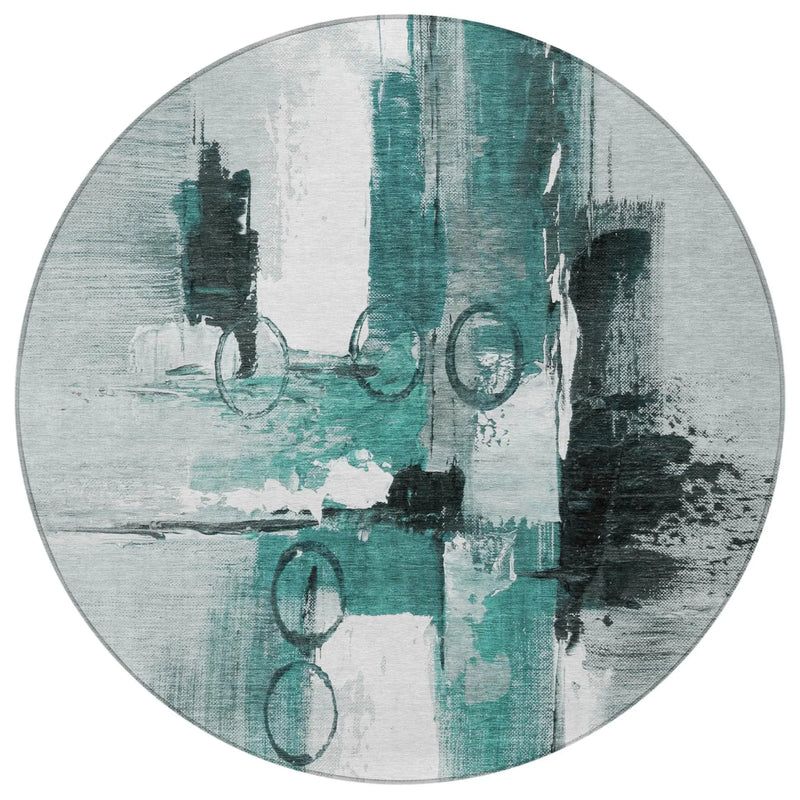 8' Teal Blue And Silver Round Abstract Washable Indoor Outdoor Area Rug Homeroots Outdoor