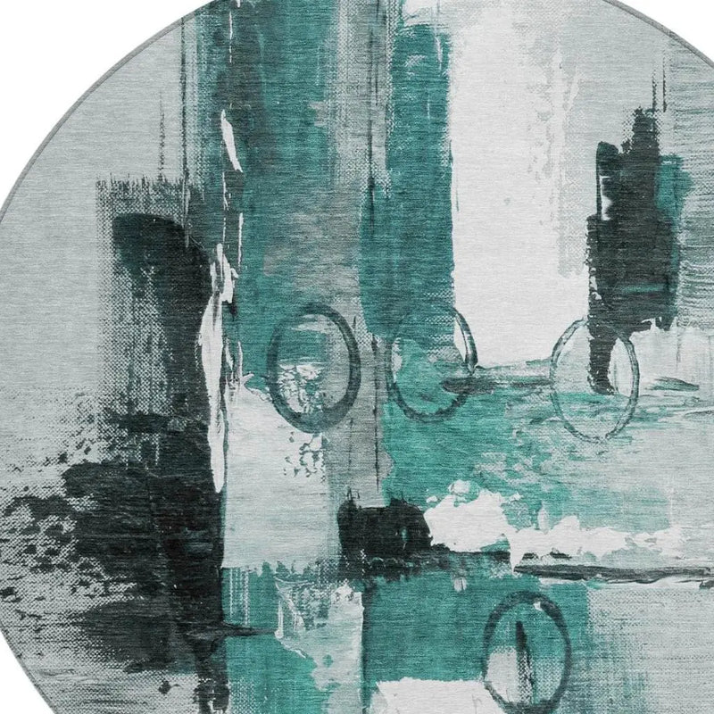 8' Teal Blue And Silver Round Abstract Washable Indoor Outdoor Area Rug Homeroots Outdoor