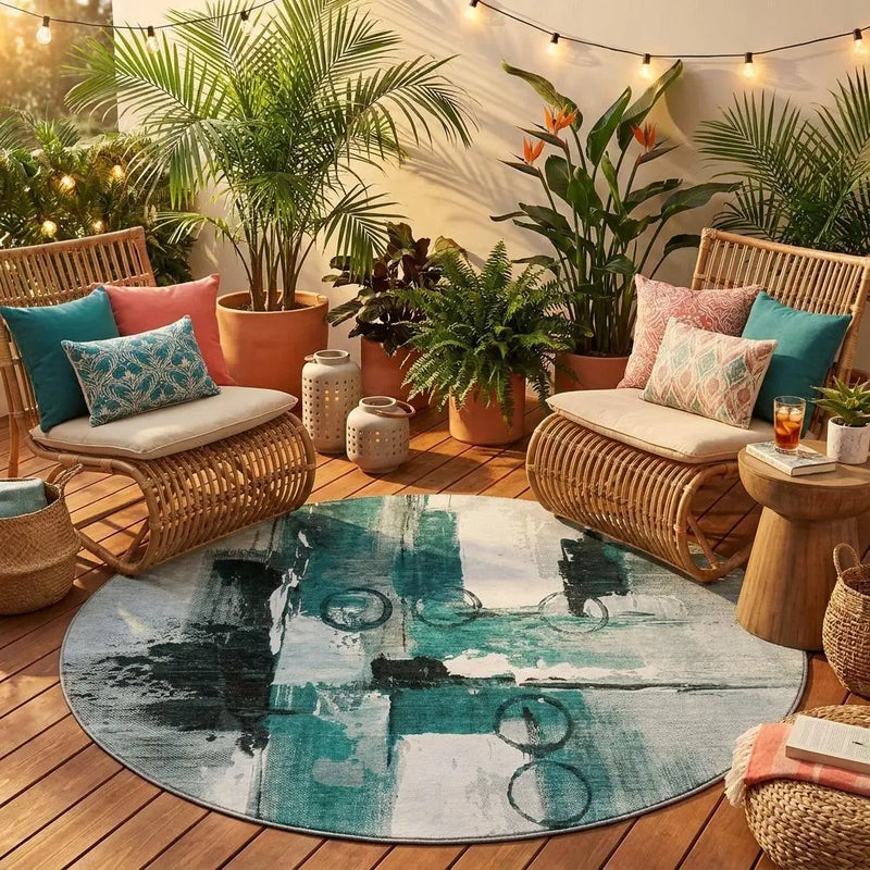 8' Teal Blue And Silver Round Abstract Washable Indoor Outdoor Area Rug Homeroots Outdoor