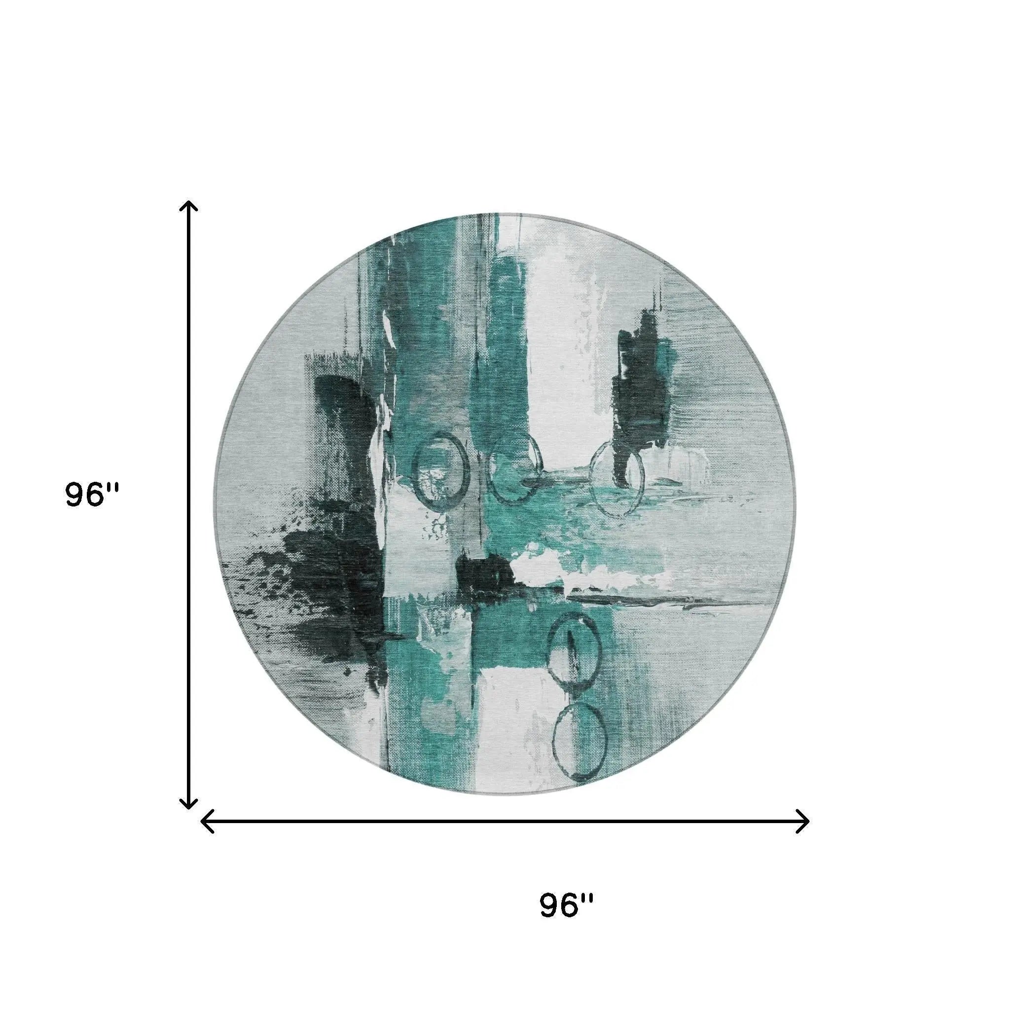 8' Teal Blue And Silver Round Abstract Washable Indoor Outdoor Area Rug Homeroots Outdoor