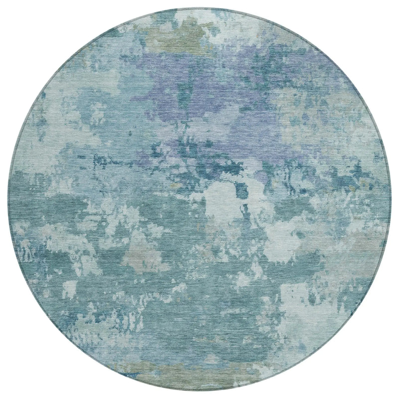 8' Teal Blue And Silver Round Abstract Washable Indoor Outdoor Area Rug Homeroots Outdoor