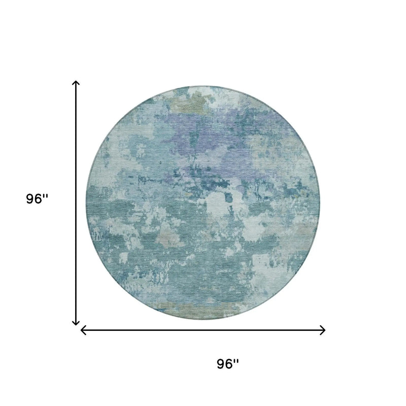 8' Teal Blue And Silver Round Abstract Washable Indoor Outdoor Area Rug Homeroots Outdoor