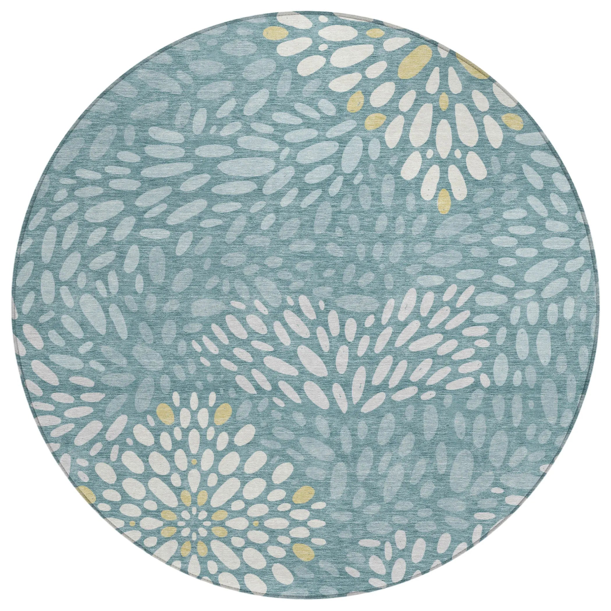 Round blue area rug with floral design in white and yellow, made of durable, soft fabric. Ideal for modern decor.