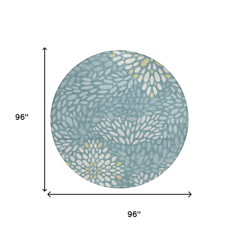 Round blue area rug, 96" diameter, floral pattern in white and yellow, soft polyester material, modern home decor.