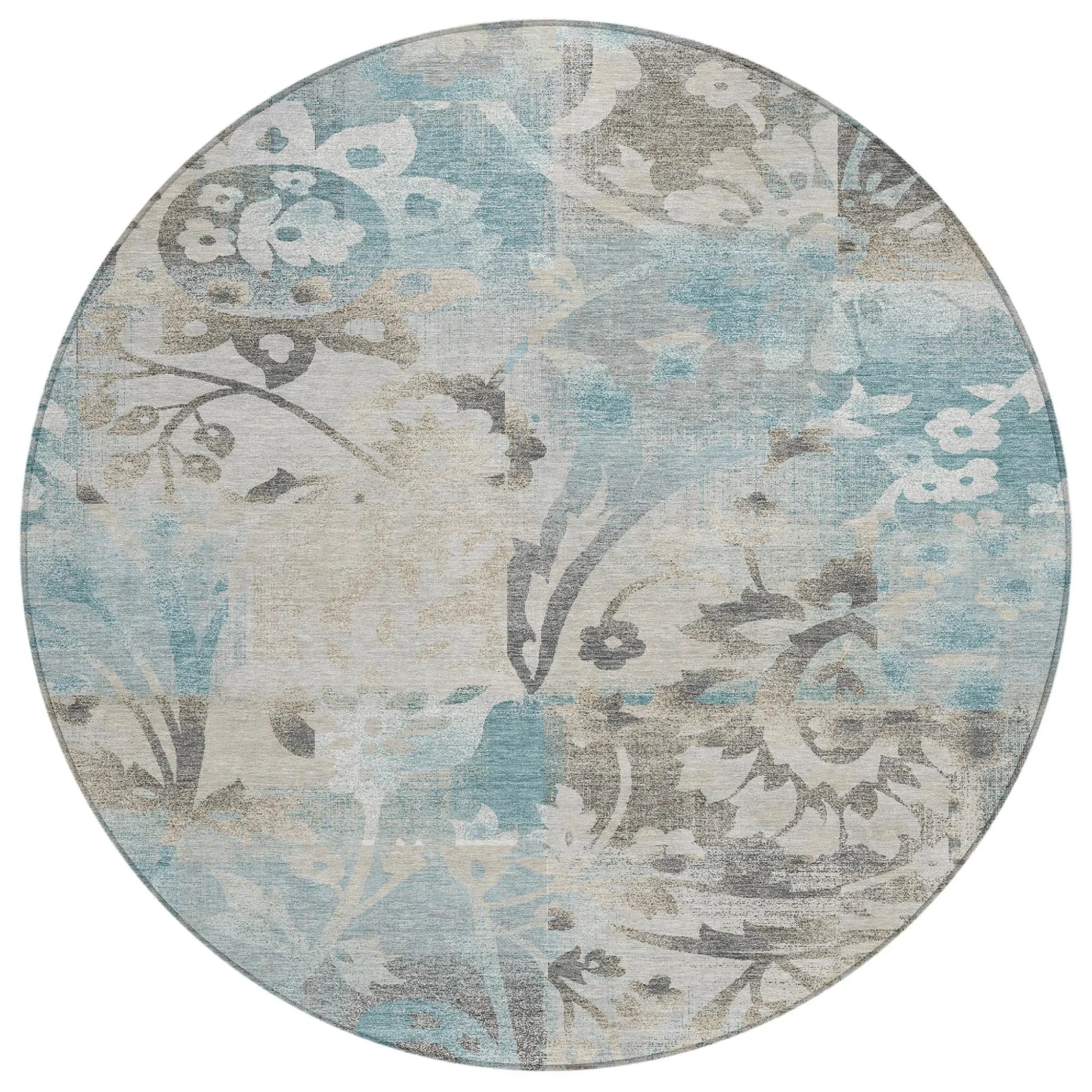 8' Teal Blue And Silver Round Botanical Leaves Washable Indoor Outdoor Area Rug Homeroots Outdoor