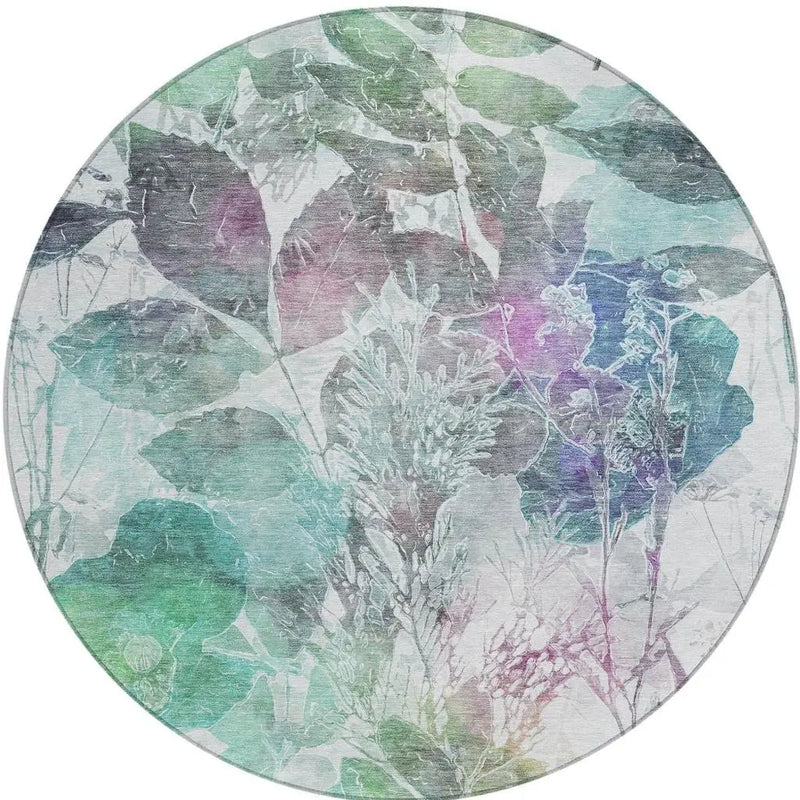 8' Teal Blue And Silver Round Botanical Leaves Washable Indoor Outdoor Area Rug Homeroots Outdoor