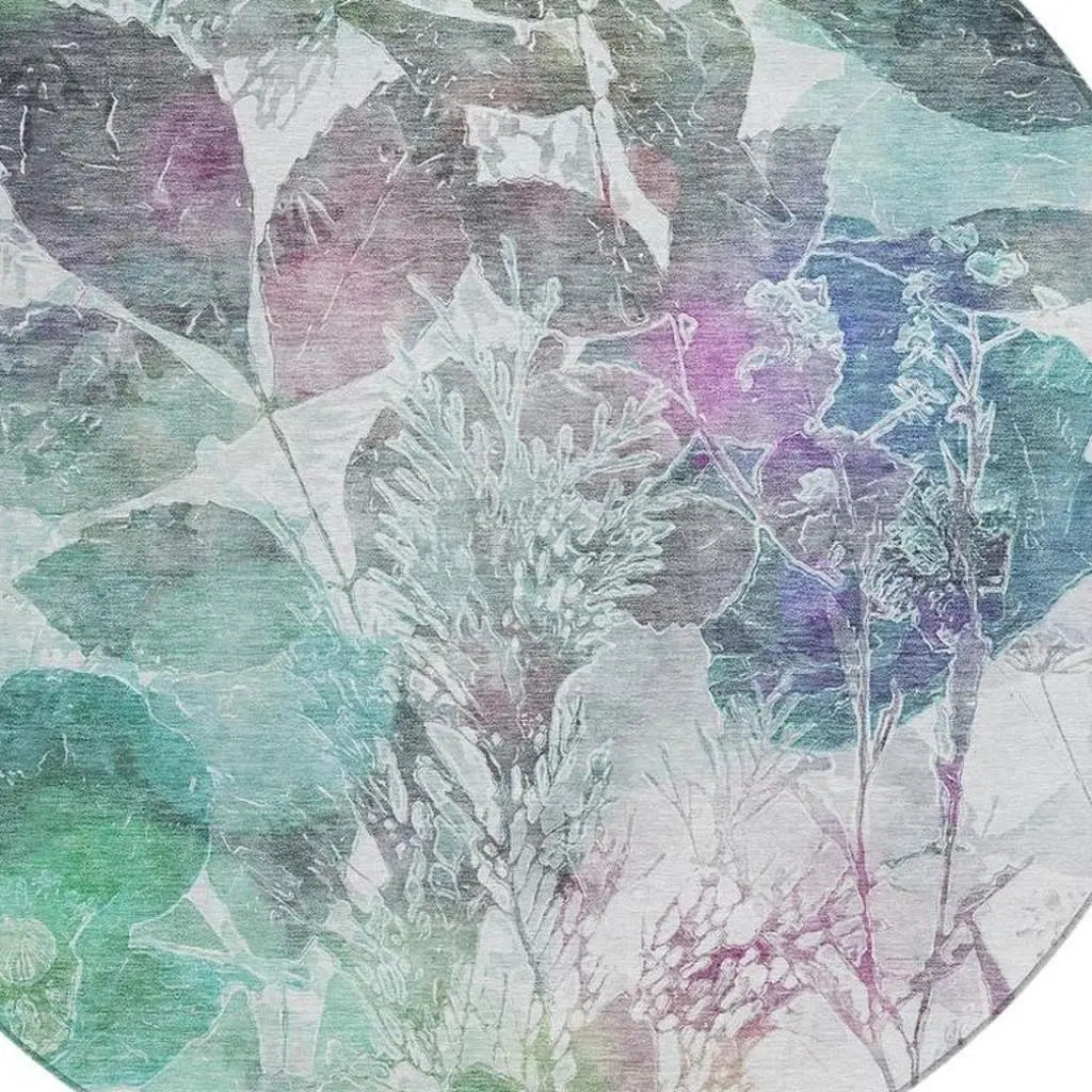 8' Teal Blue And Silver Round Botanical Leaves Washable Indoor Outdoor Area Rug Homeroots Outdoor