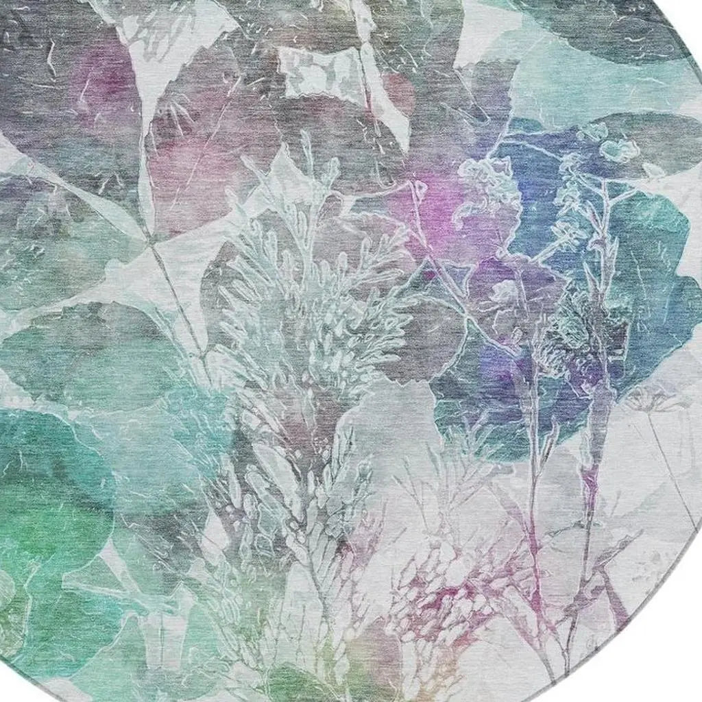 8' Teal Blue And Silver Round Botanical Leaves Washable Indoor Outdoor Area Rug Homeroots Outdoor