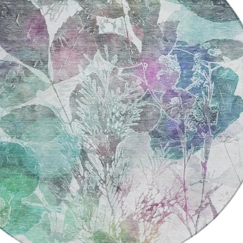 8' Teal Blue And Silver Round Botanical Leaves Washable Indoor Outdoor Area Rug Homeroots Outdoor
