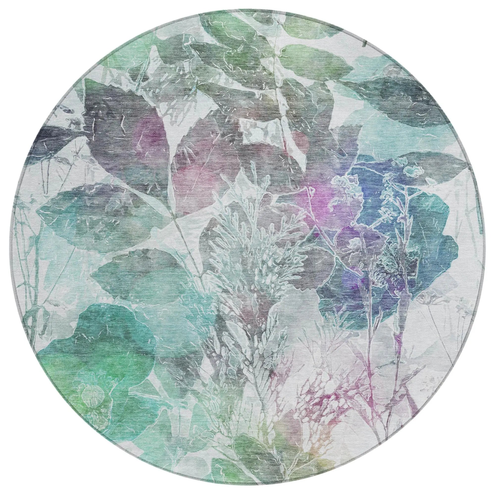 8' Teal Blue And Silver Round Botanical Leaves Washable Indoor Outdoor Area Rug Homeroots Outdoor