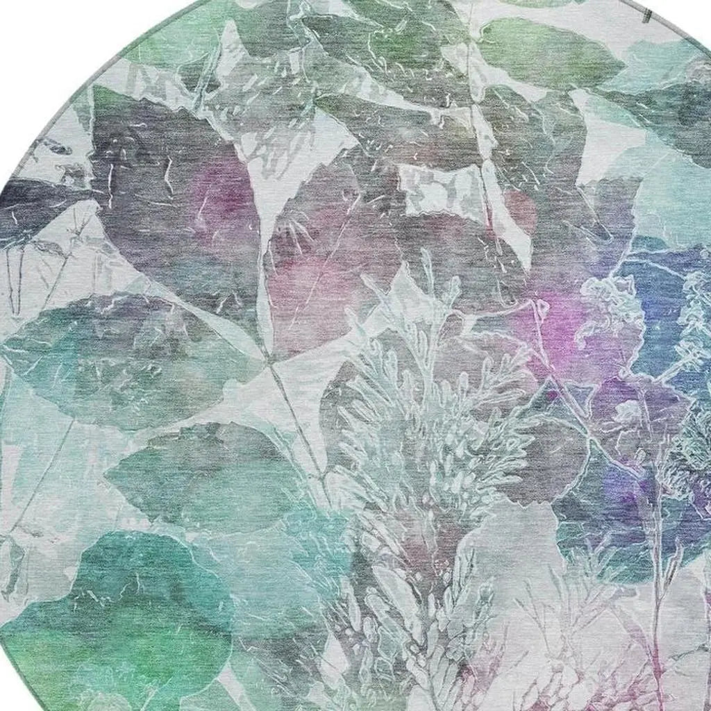 8' Teal Blue And Silver Round Botanical Leaves Washable Indoor Outdoor Area Rug Homeroots Outdoor