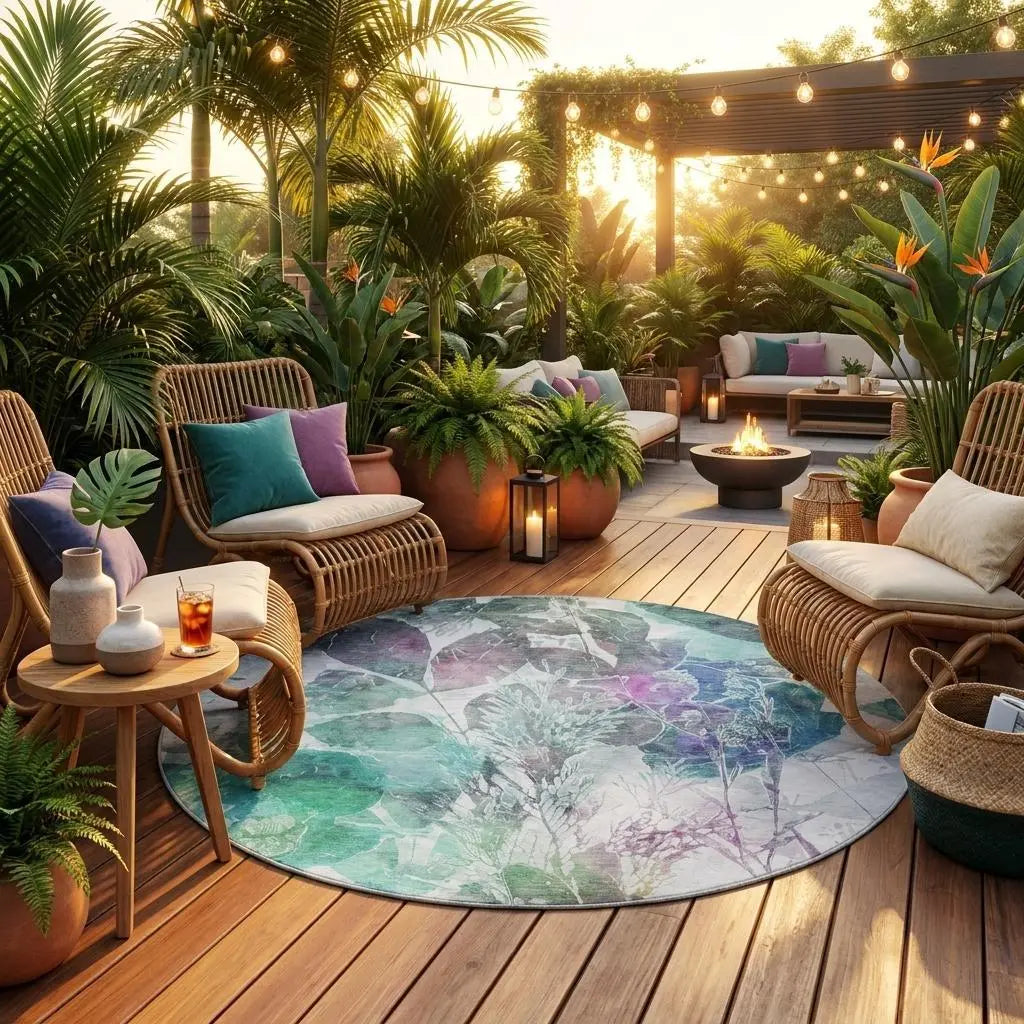 8' Teal Blue And Silver Round Botanical Leaves Washable Indoor Outdoor Area Rug Homeroots Outdoor