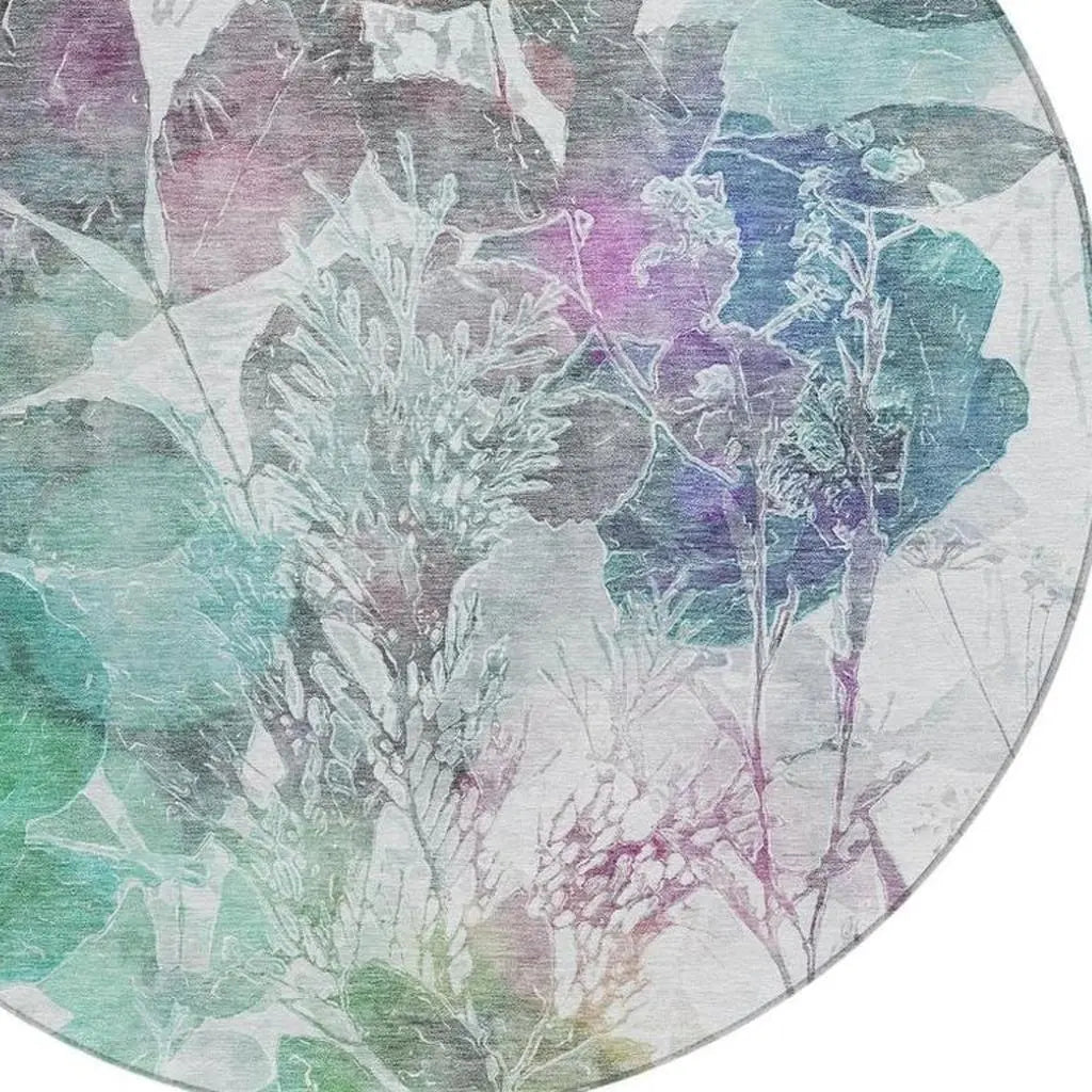 8' Teal Blue And Silver Round Botanical Leaves Washable Indoor Outdoor Area Rug Homeroots Outdoor