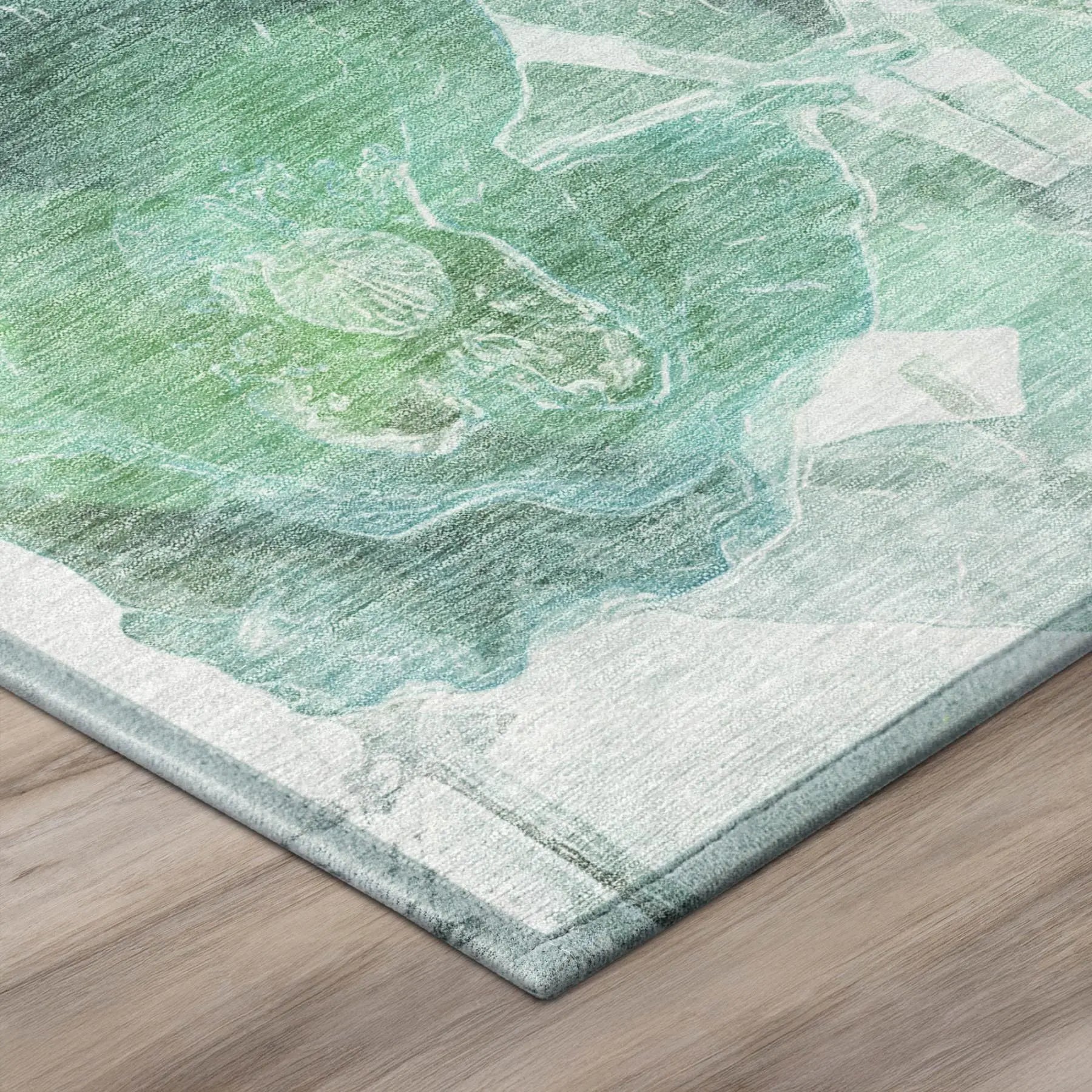 8' Teal Blue And Silver Round Botanical Leaves Washable Indoor Outdoor Area Rug Homeroots Outdoor