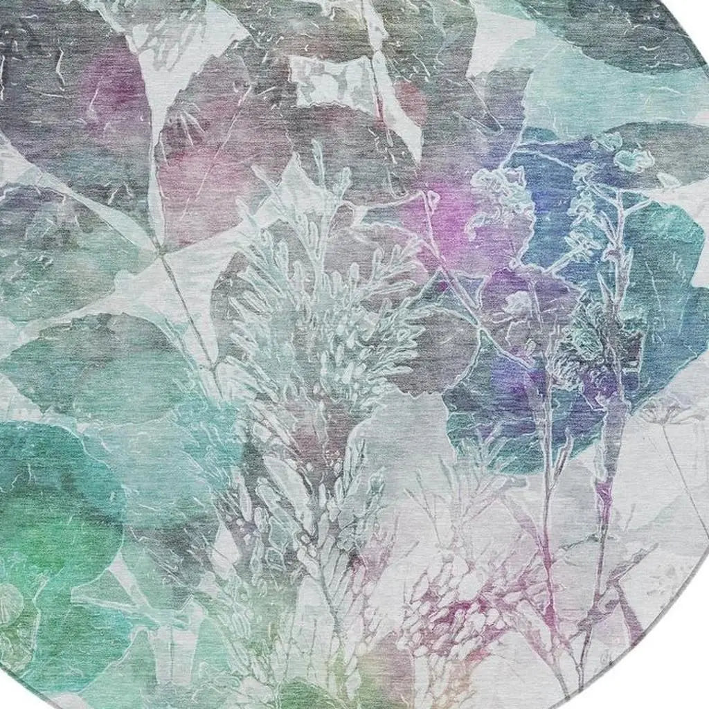 8' Teal Blue And Silver Round Botanical Leaves Washable Indoor Outdoor Area Rug Homeroots Outdoor