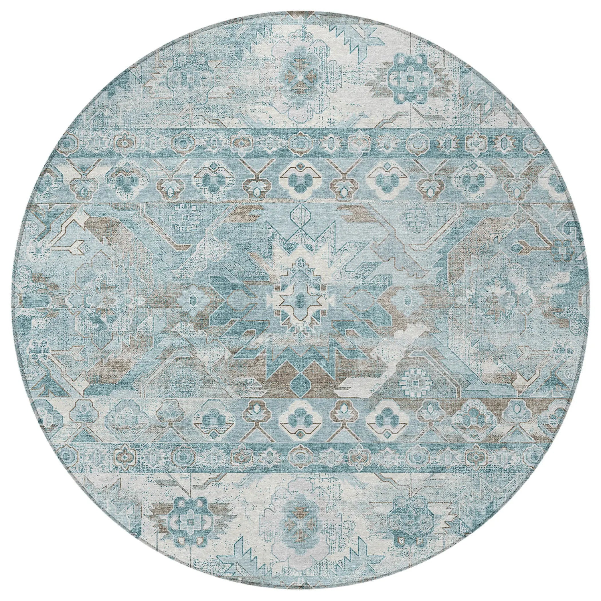 8' Teal Blue And Silver Round Cactus Washable Indoor Outdoor Area Rug Homeroots Outdoor