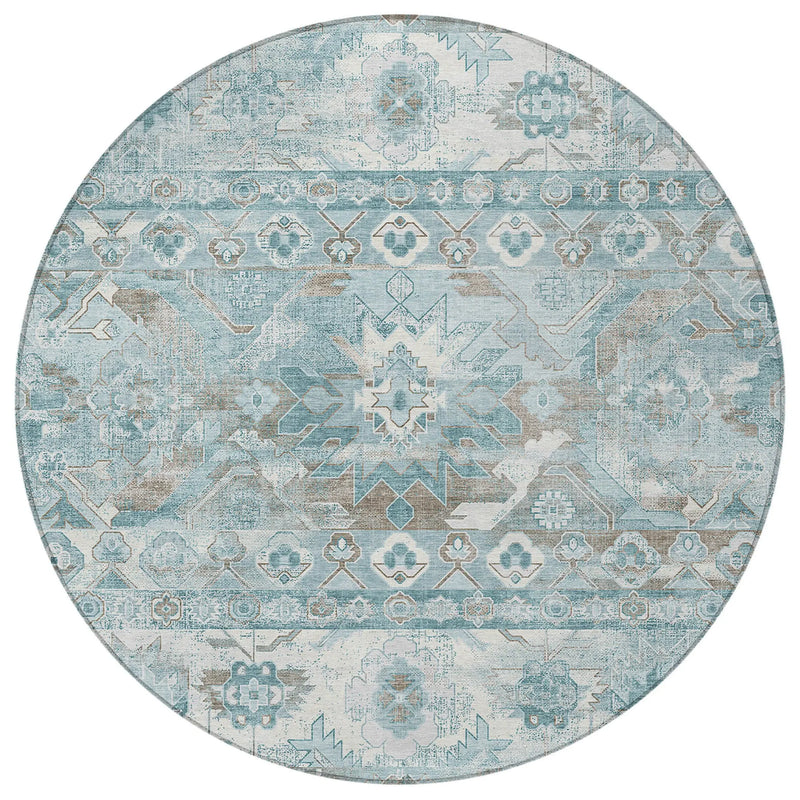 8' Teal Blue And Silver Round Cactus Washable Indoor Outdoor Area Rug Homeroots Outdoor