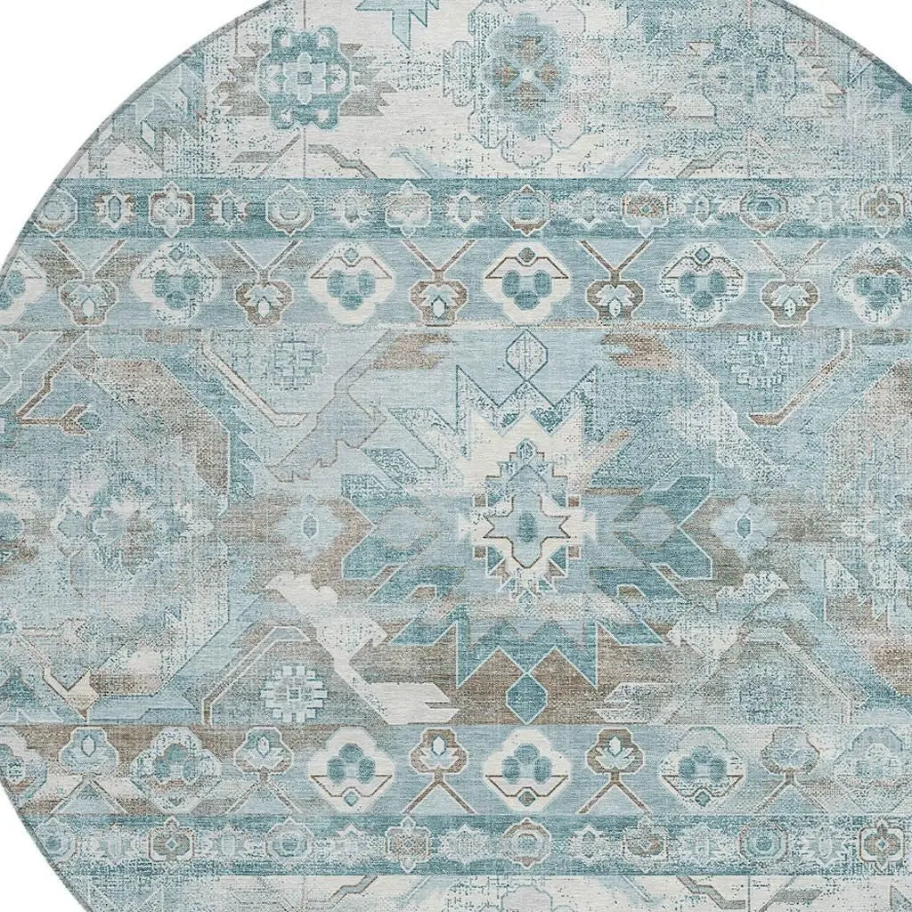 8' Teal Blue And Silver Round Cactus Washable Indoor Outdoor Area Rug Homeroots Outdoor