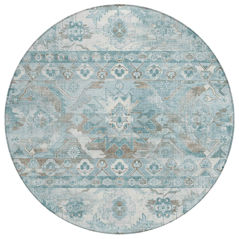 8' Teal Blue And Silver Round Cactus Washable Indoor Outdoor Area Rug Homeroots Outdoor