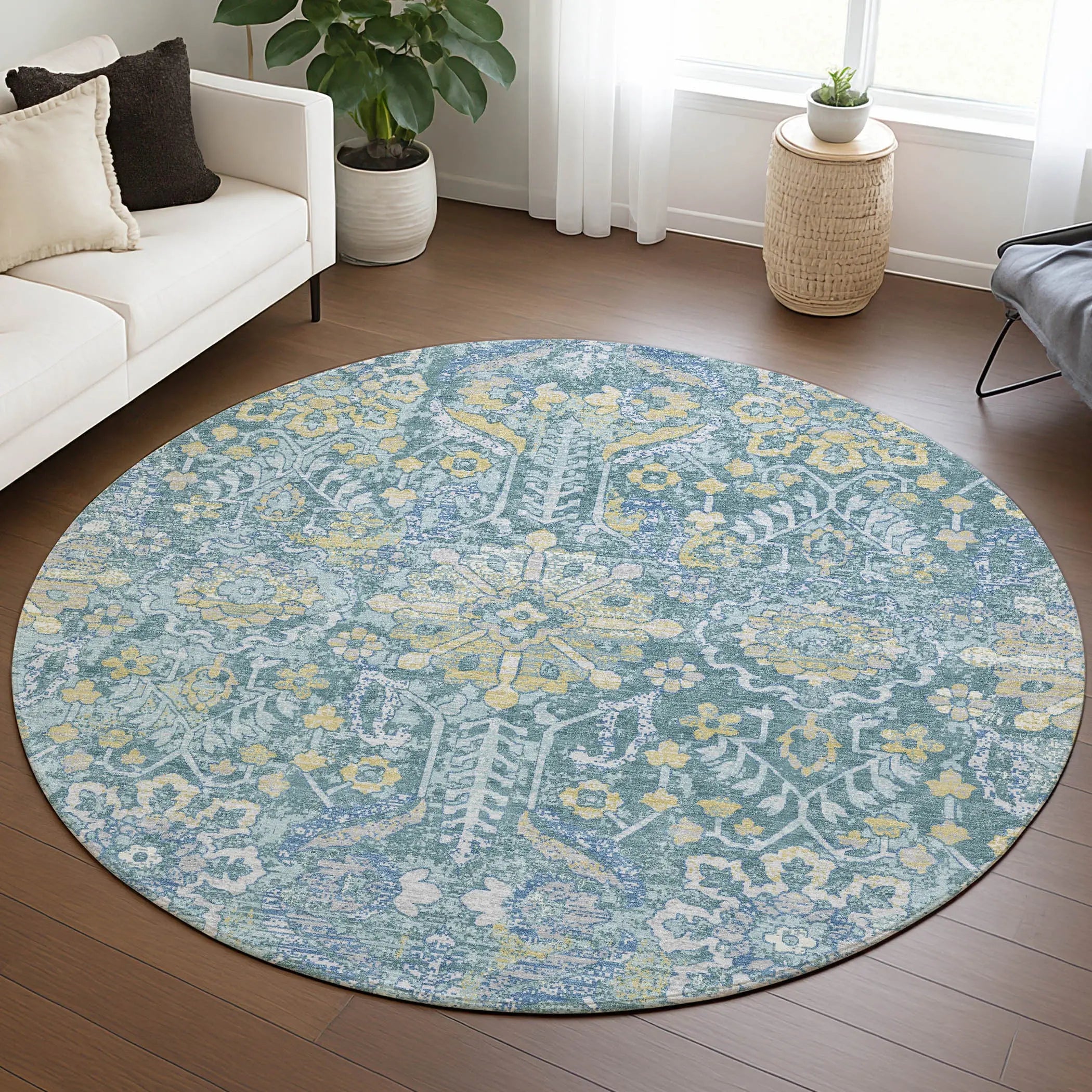 8' Teal Blue And Silver Round Damask Washable Indoor Outdoor Area Rug Homeroots Outdoor