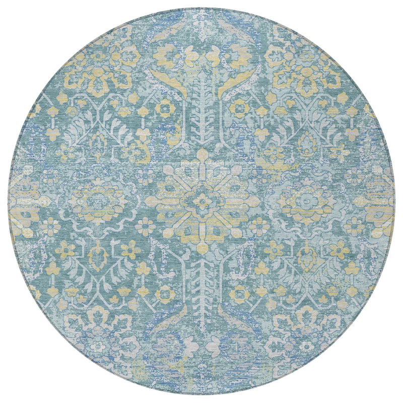 8' Teal Blue And Silver Round Damask Washable Indoor Outdoor Area Rug Homeroots Outdoor