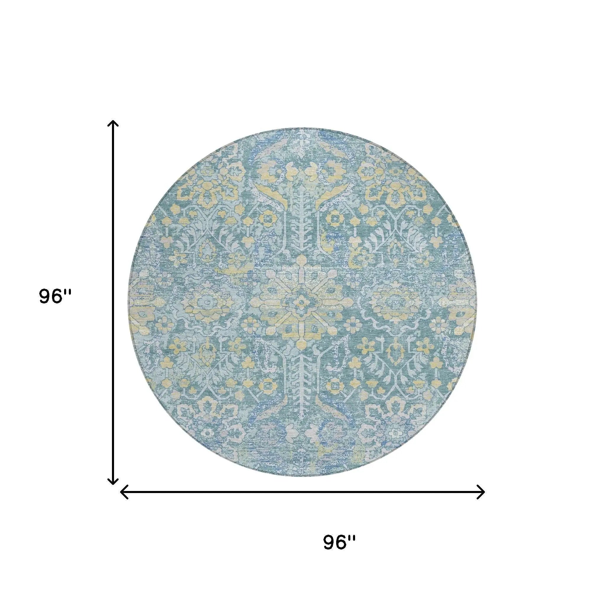 8' Teal Blue And Silver Round Damask Washable Indoor Outdoor Area Rug Homeroots Outdoor
