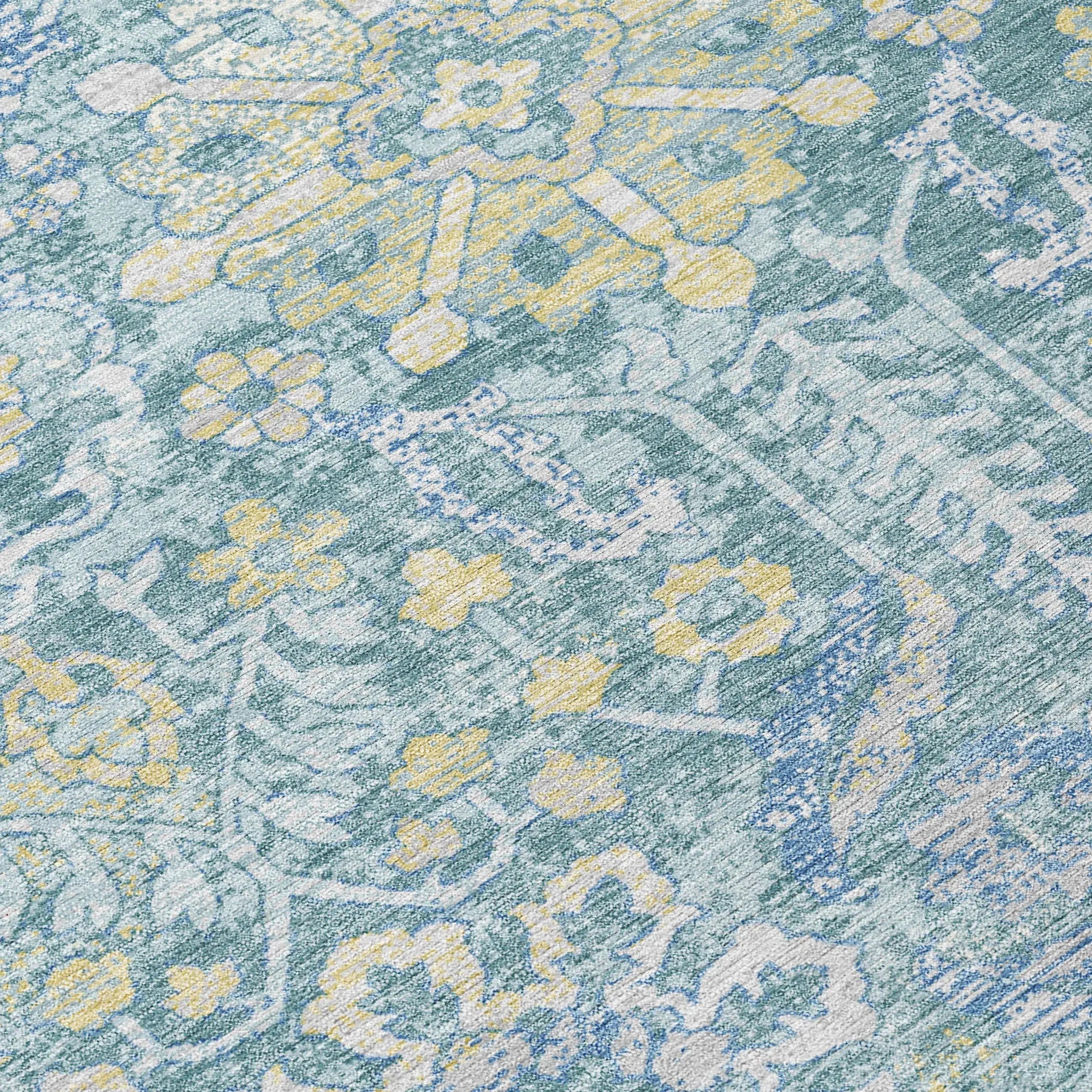 8' Teal Blue And Silver Round Damask Washable Indoor Outdoor Area Rug Homeroots Outdoor