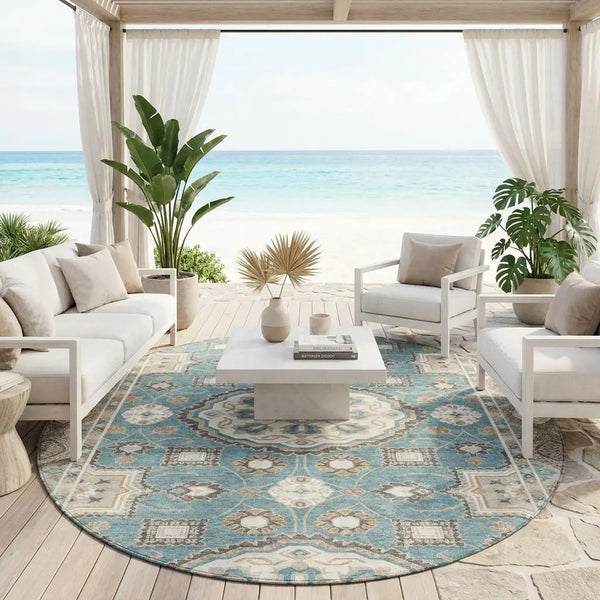 8' Teal Blue And Silver Round Floral Medallion Washable Indoor Outdoor Area Rug Homeroots Outdoor