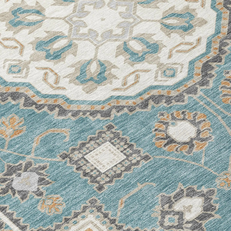 8' Teal Blue And Silver Round Floral Medallion Washable Indoor Outdoor Area Rug Homeroots Outdoor