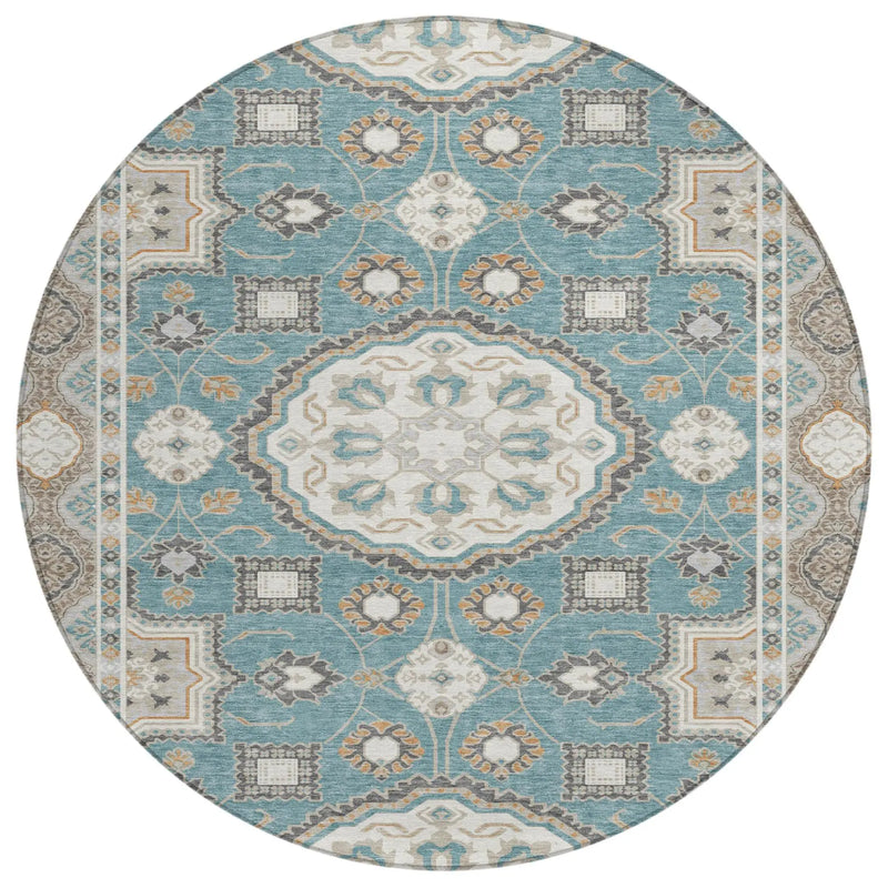 8' Teal Blue And Silver Round Floral Medallion Washable Indoor Outdoor Area Rug Homeroots Outdoor