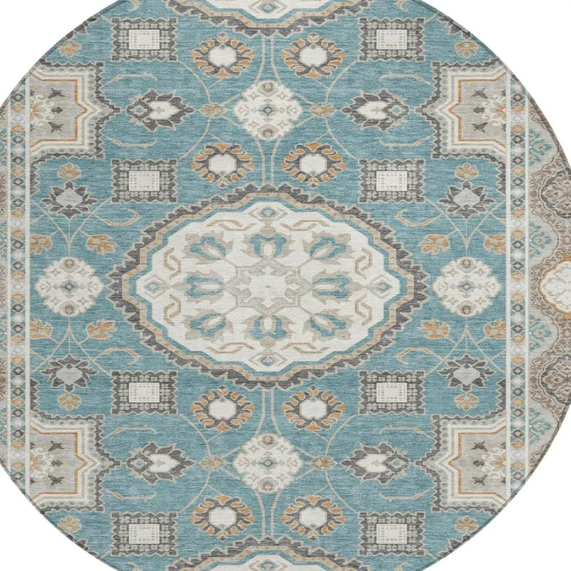 8' Teal Blue And Silver Round Floral Medallion Washable Indoor Outdoor Area Rug Homeroots Outdoor