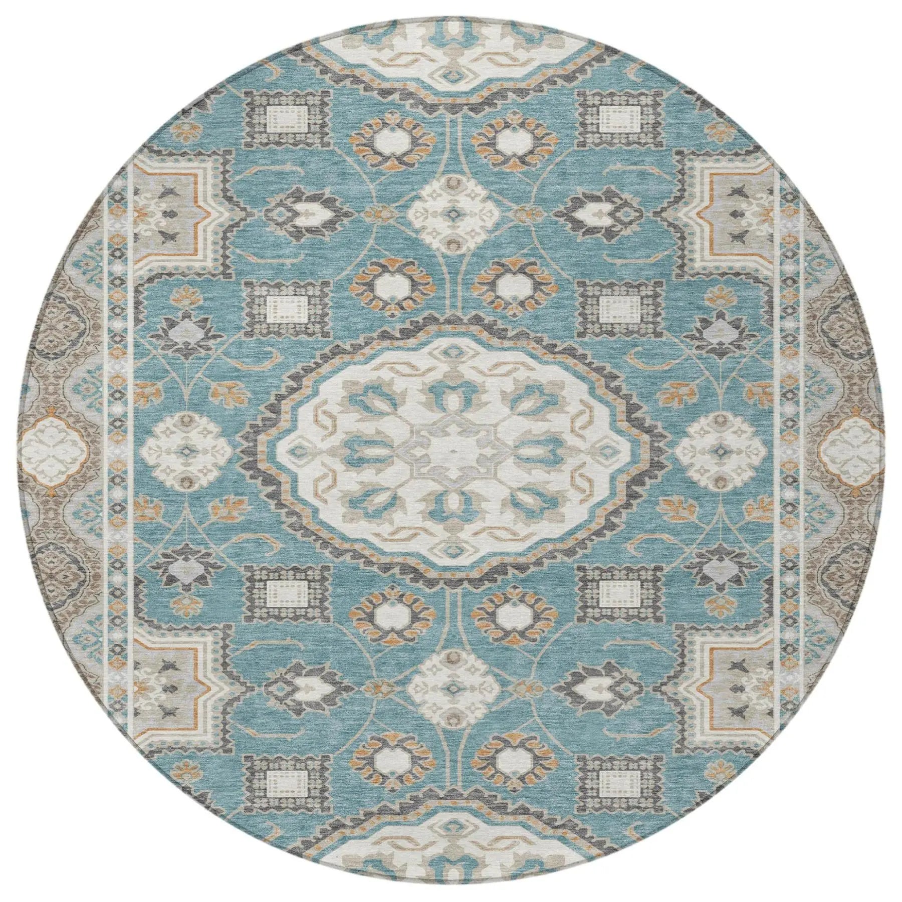8' Teal Blue And Silver Round Floral Medallion Washable Indoor Outdoor Area Rug Homeroots Outdoor