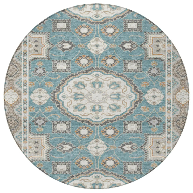 8' Teal Blue And Silver Round Floral Medallion Washable Indoor Outdoor Area Rug Homeroots Outdoor