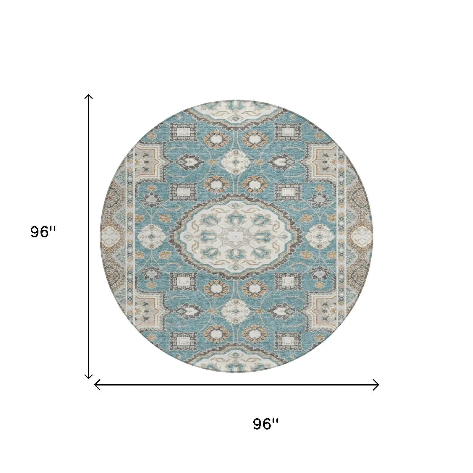 8' Teal Blue And Silver Round Floral Medallion Washable Indoor Outdoor Area Rug Homeroots Outdoor