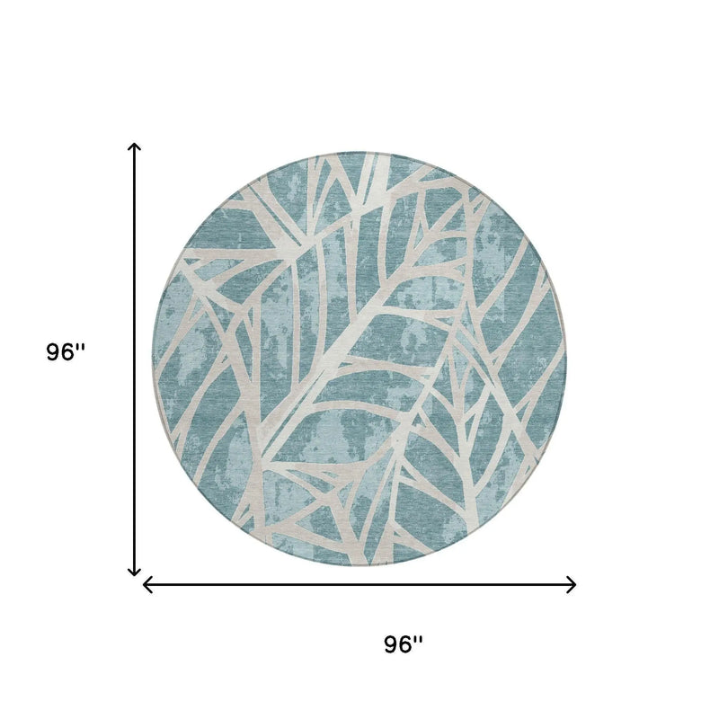 8' Teal Blue And Silver Round Floral Washable Indoor Outdoor Area Rug Homeroots Outdoor