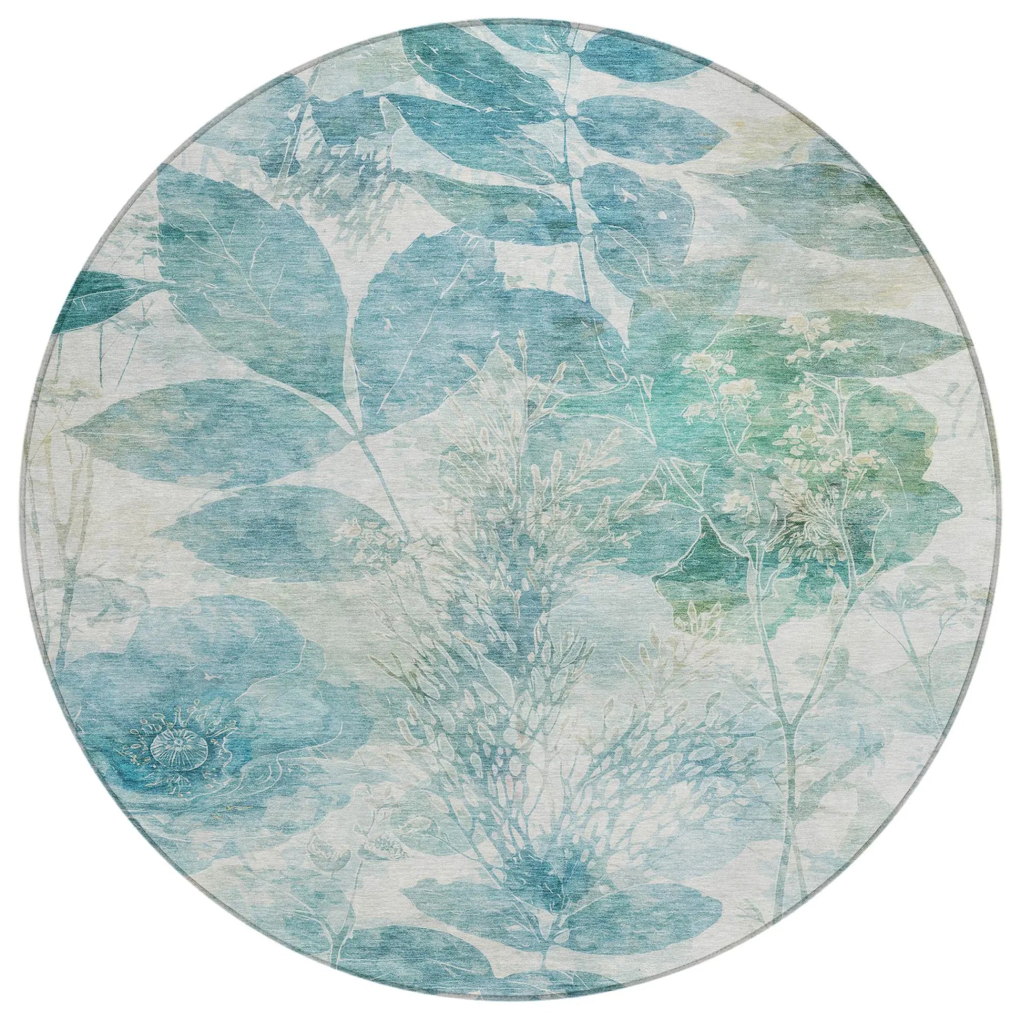8' Teal Blue And Silver Round Floral Washable Indoor Outdoor Area Rug Homeroots Outdoor