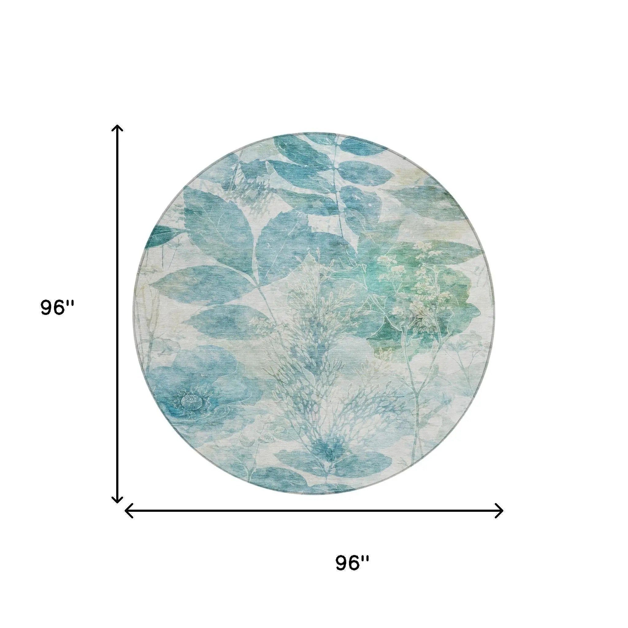 8' Teal Blue And Silver Round Floral Washable Indoor Outdoor Area Rug Homeroots Outdoor
