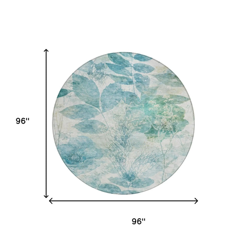 8' Teal Blue And Silver Round Floral Washable Indoor Outdoor Area Rug Homeroots Outdoor