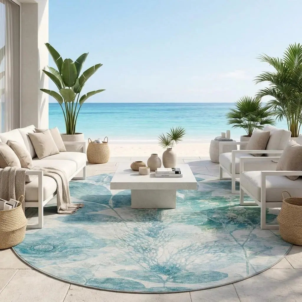 8' Teal Blue And Silver Round Floral Washable Indoor Outdoor Area Rug Homeroots Outdoor
