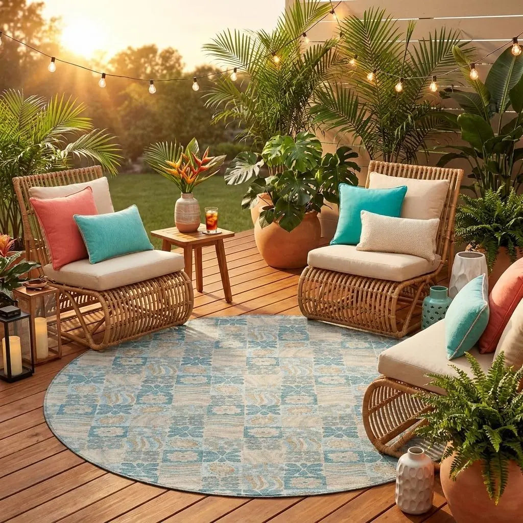 8' Teal Blue And Silver Round Floral Washable Indoor Outdoor Area Rug Homeroots Outdoor