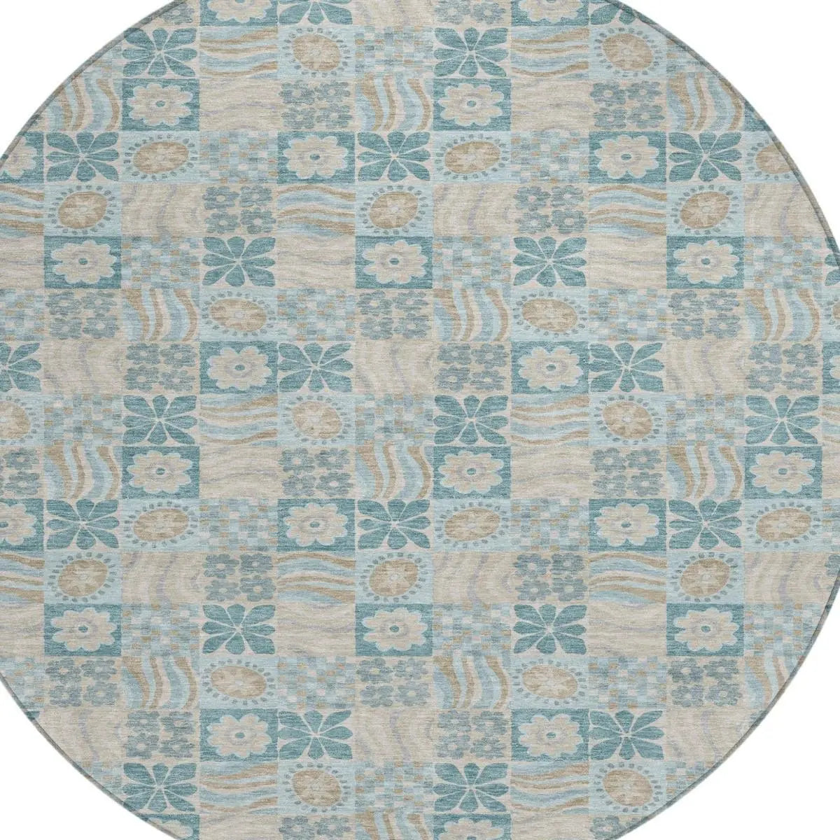 8' Teal Blue And Silver Round Floral Washable Indoor Outdoor Area Rug Homeroots Outdoor