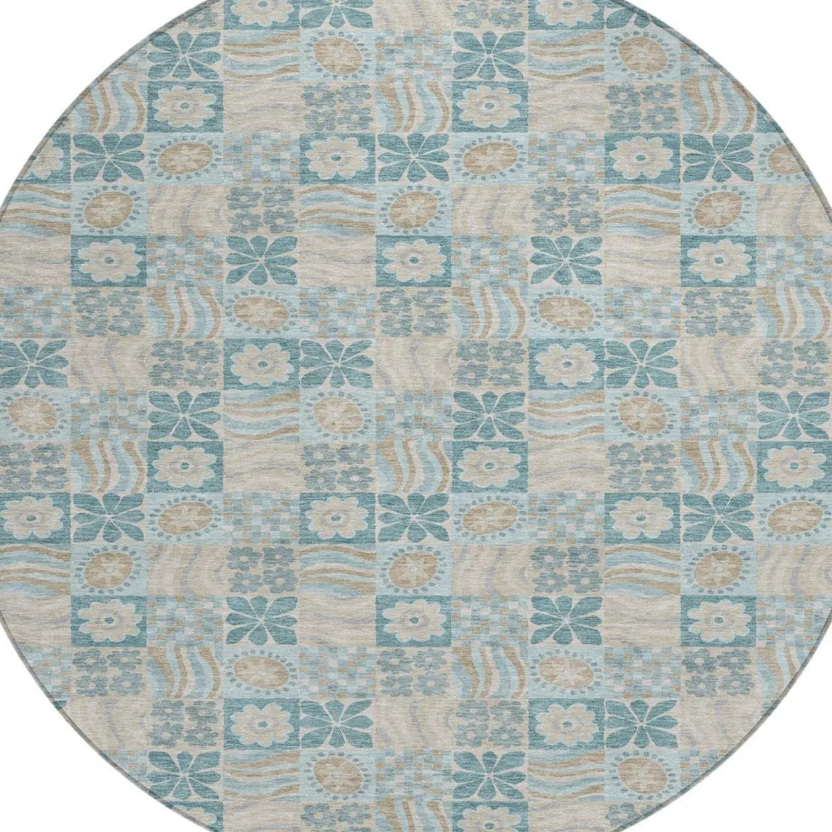 8' Teal Blue And Silver Round Floral Washable Indoor Outdoor Area Rug Homeroots Outdoor