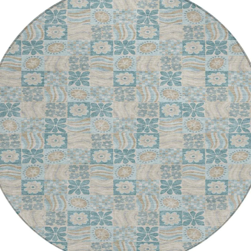8' Teal Blue And Silver Round Floral Washable Indoor Outdoor Area Rug Homeroots Outdoor