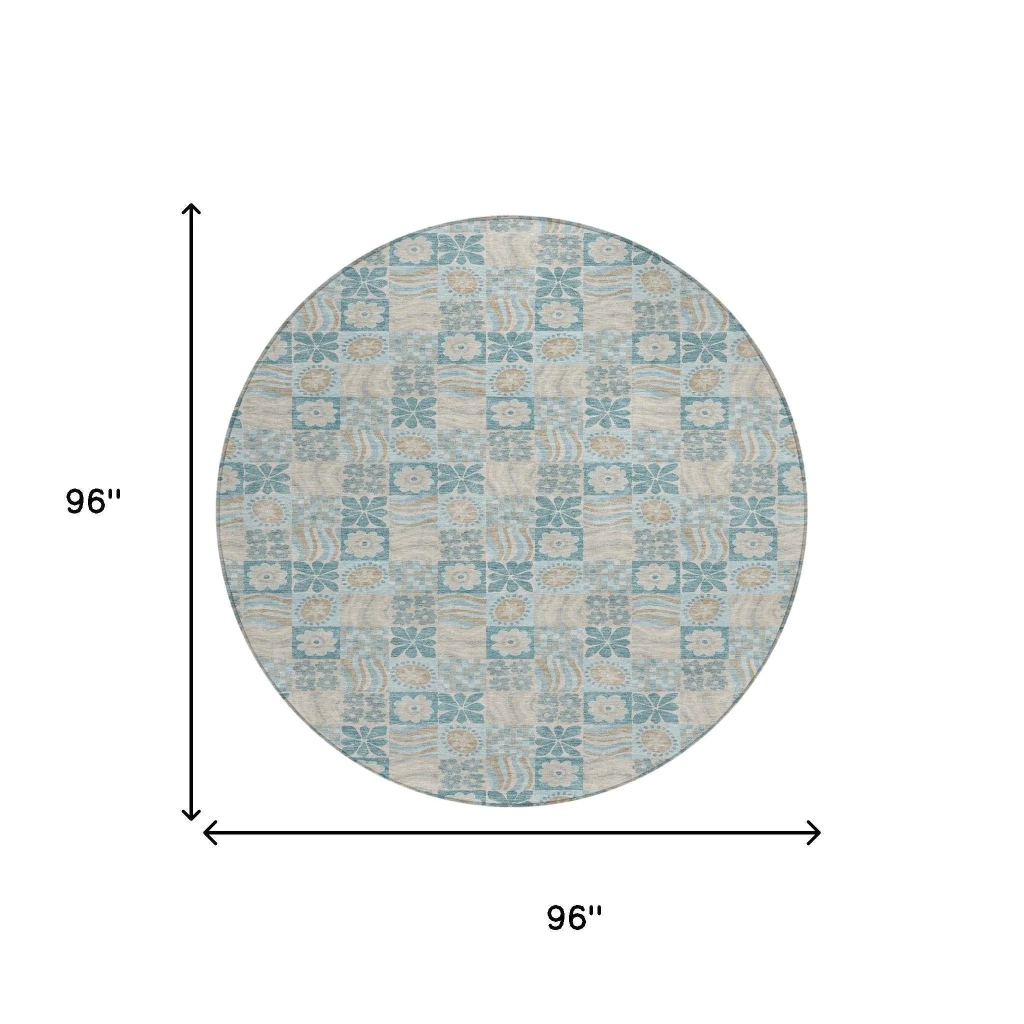 8' Teal Blue And Silver Round Floral Washable Indoor Outdoor Area Rug Homeroots Outdoor