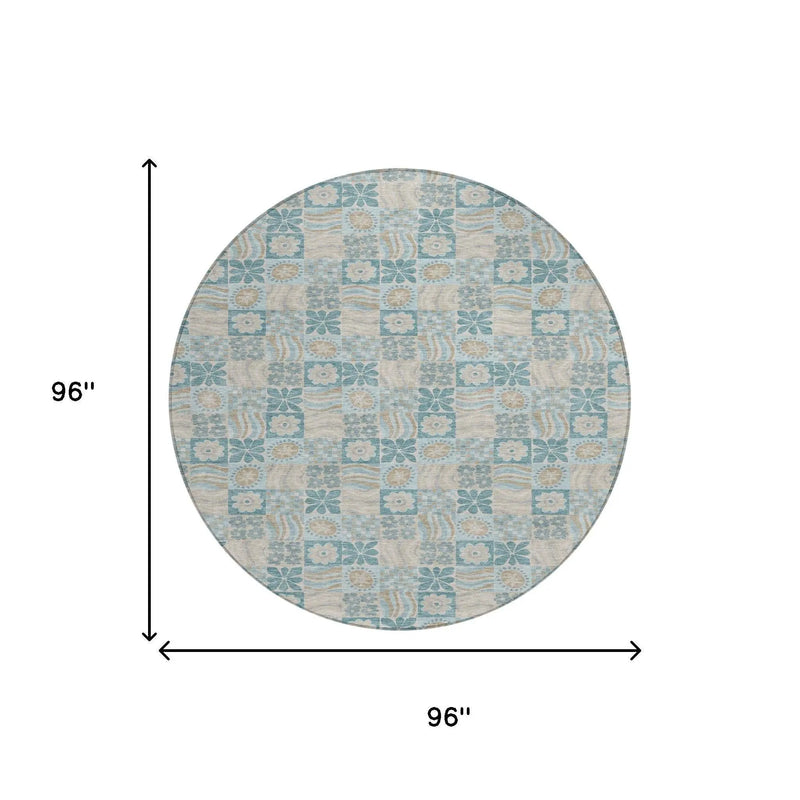 8' Teal Blue And Silver Round Floral Washable Indoor Outdoor Area Rug Homeroots Outdoor