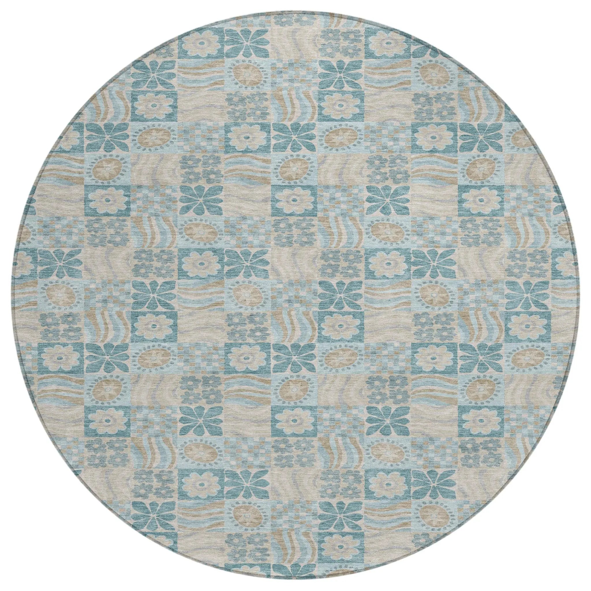 8' Teal Blue And Silver Round Floral Washable Indoor Outdoor Area Rug Homeroots Outdoor